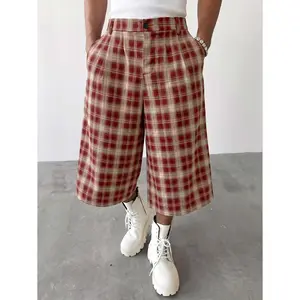 Men's Premium High-Waisted Wide-Leg Plaid Culottes, Vintage-Inspired Pleated Checkered Knee-Length Shorts with Tailored Waistband & Side Pockets, Loose-Fit Breathable Casual Trousers for Streetwear, Grunge Aesthetics, Everyday Outings & Retro Summer Fashi