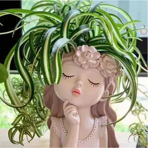 Resin Fairy Girl Planter with 2 Rooted Spider Plant Cuttings Elegant Desktop Flower Pot Home Décor Gift Soft Beige Pastel Finish