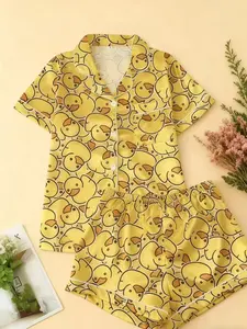 Women's Duck Print Pajama Set, Button Front Short Sleeve Top & Elastic Waist Shorts, Elegant Sleepwear Loungewear for Vacation Party Homewear