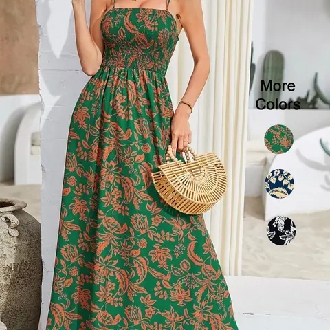 Women's Floral Print Shirred Waist Maxi Dress, Boho Style Dress, Sleeveless Backless Design, Adjustable Strap Casual Vacation Wear, Spring Summer