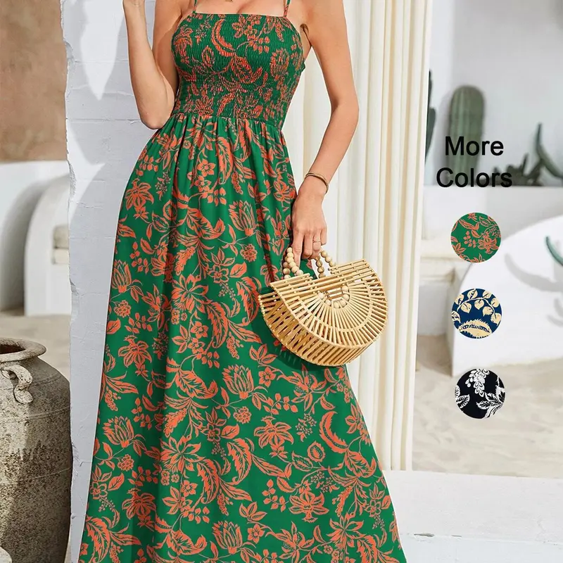 Women's Floral Print Shirred Waist Maxi Dress, Boho Style Dress, Sleeveless Backless Design, Adjustable Strap Casual Vacation Wear, Spring Summer