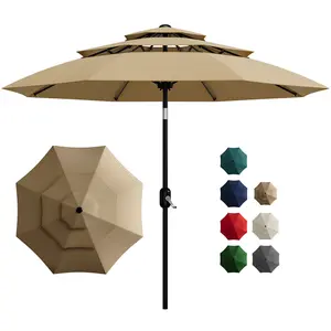 10FT 3-Tier Outdoor Patio Umbrella – Vented Table Umbrella with Easy Crank and Push Button Tilt, 8 Sturdy Ribs for Pool, Deck, Yard, Garden