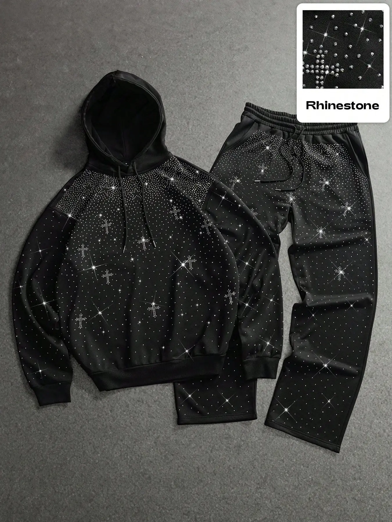 Men's Rhinestone Hoodie Pullover and Pants Set, Hooded Sweatshirt Set, Star Cross Print, Fitted, Drawstring Hood, Straight Leg, High Street Trendy, Party Night, Casual, Long Sleeve