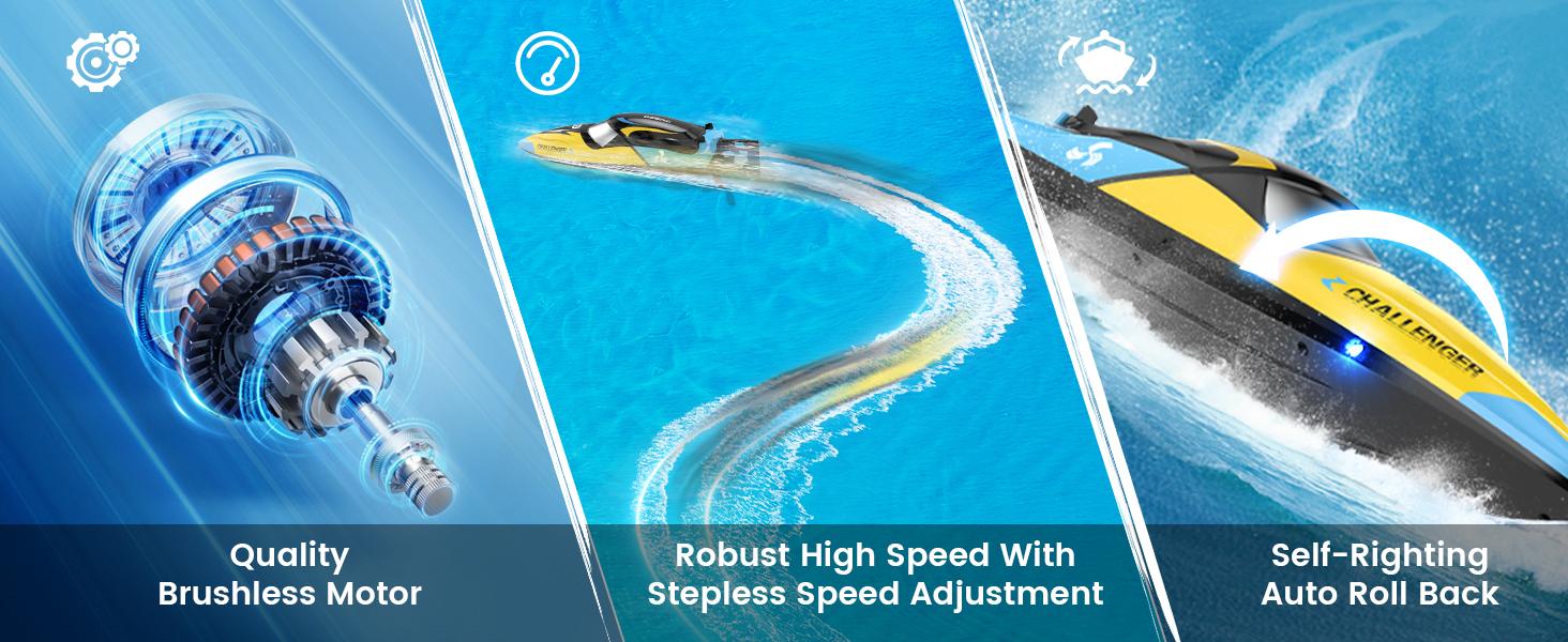 DEERC Brushless RC Boat, 30+ mph Fast Remote Control Boats with Never Capsize&Low Battery Alarm Function, Racing Boat with LED Lights for Pools&Lakes