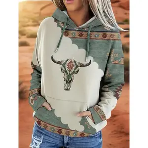 Women’s off-shoulder hooded sweatshirt with a tribal cow head print; bohemian casual drawstring hooded sweatshirt with pockets, suitable for daily wear, vacations, and outdoor activities; spring and autumn fashion women’s apparel. GARMENTARY