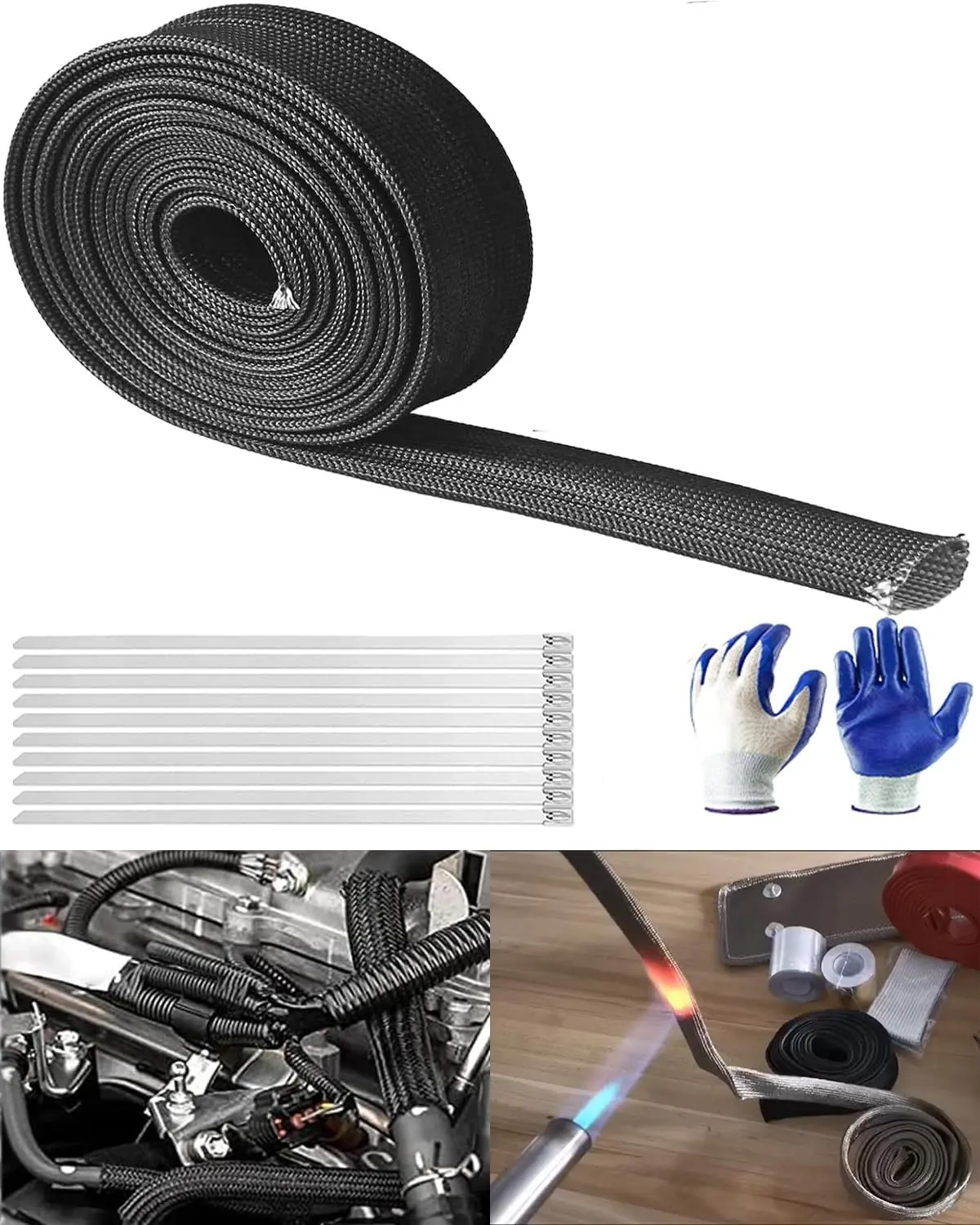 3/4" ID x 10FT Fiberglass Spark Plug Wire Heat Shield Sleeve - High Temp Thermal Wire Loom Cover Hose with 10 PCS Stainless Steel Zip Ties & Gloves for Auto Automotive Cable Fuel Line