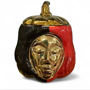 Santeria Elegguá Ceramic Sopera Red & Black Gold Face Deity Jar with Lid for Spiritual Practices