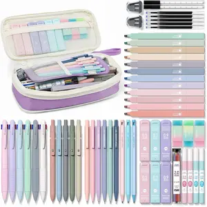 56 count Aesthetic School Supplies with Pencil Case, 6 Multicolor Pen, 12 Pastel Highlighters, 5 Gel Pens Black Ink, 9 Mechanical Pencils for Student Stationary Set Preppy Stuff (Purple)