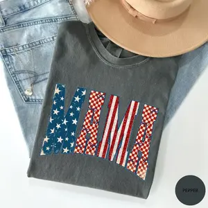 Comfort Colors Comfort Colors Preppy Patriotic Mama Shirt, Checkered Red White Blue Bows, Coquette 4th of July Tee, America 250 Anniversary