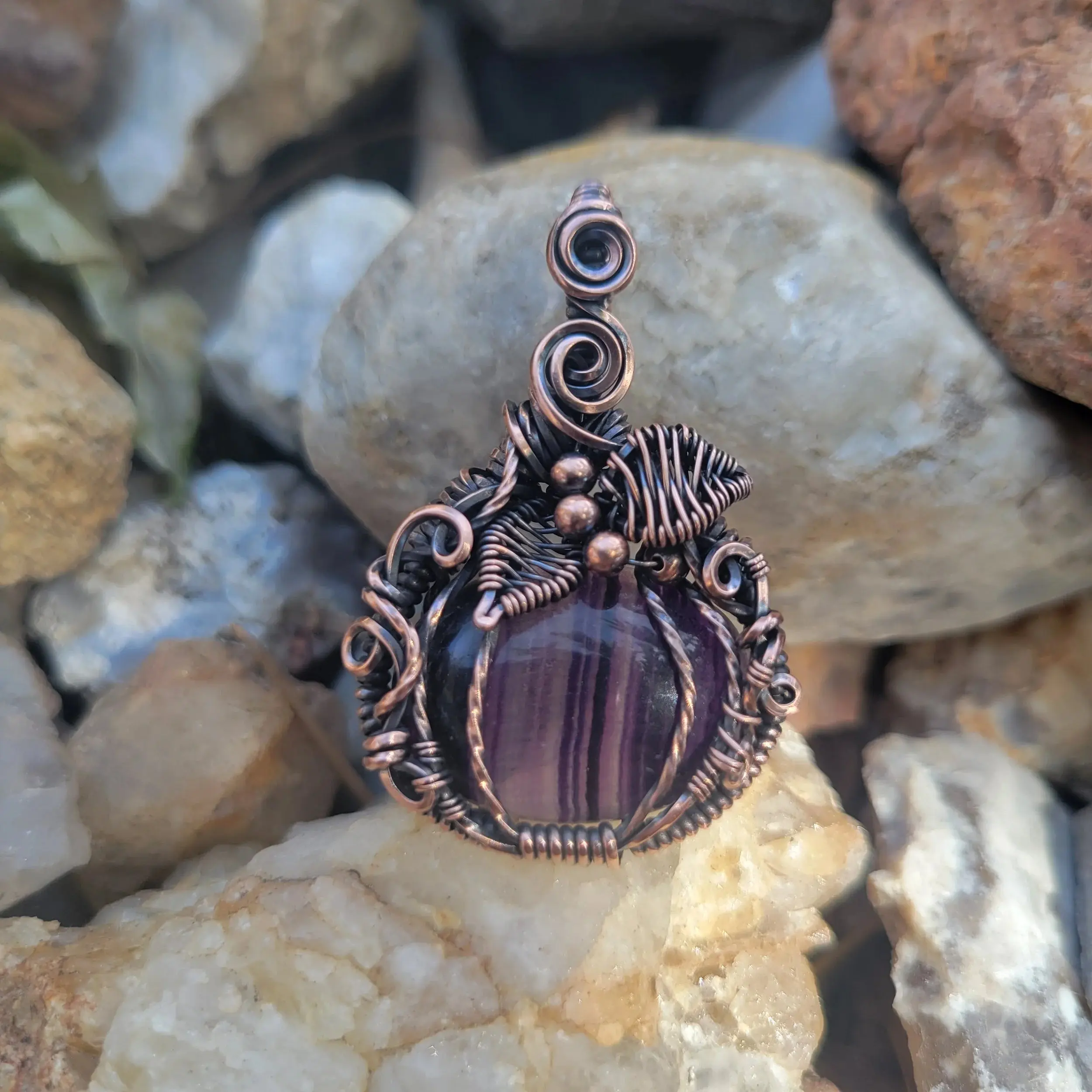 Handcrafted Purple Fluorite Oxidized Copper Pumpkin Pendant Necklace
