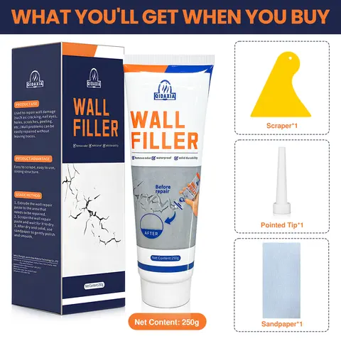 250g White Wall Repair Kit - Hole Filling Putty Paste for DIY Users, Moldproof Indoor Crack Fixer with Scraper, Sandpaper, Smooth Polish, Colormatch Test; Fills Cracks, Holes, Nail Marks, Enables Sandpaper Finish