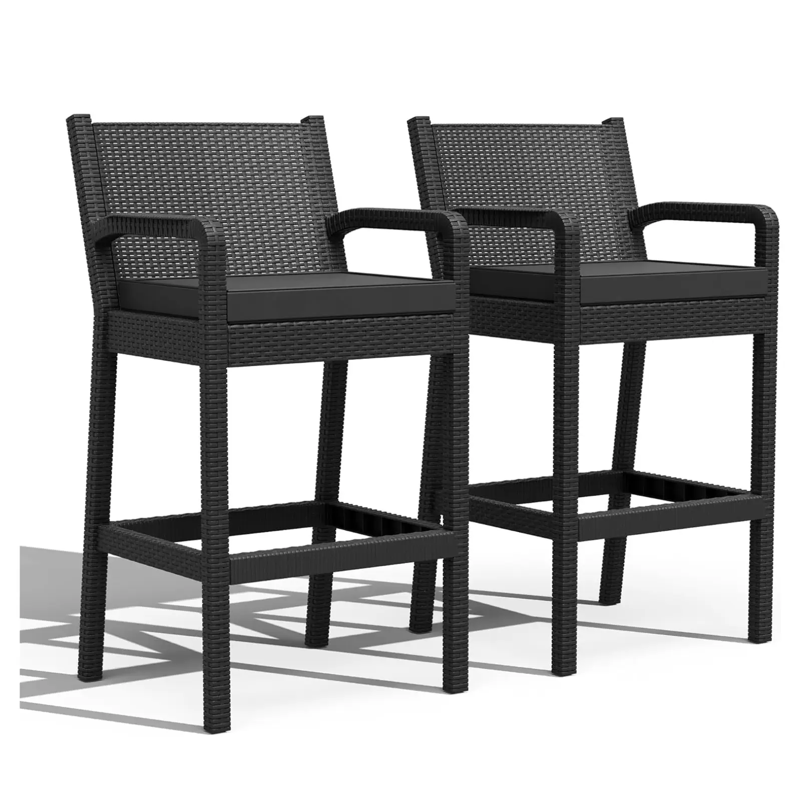 【GARVEE】Outdoor Bar Stools Set of 2, Wicker Bar Height Patio Chairs with Cushions, Wicker Barstools Indoor Outdoor Bar Stool Patio Furniture for Backyard, Garden, Pool, Balcony and Deck, Black