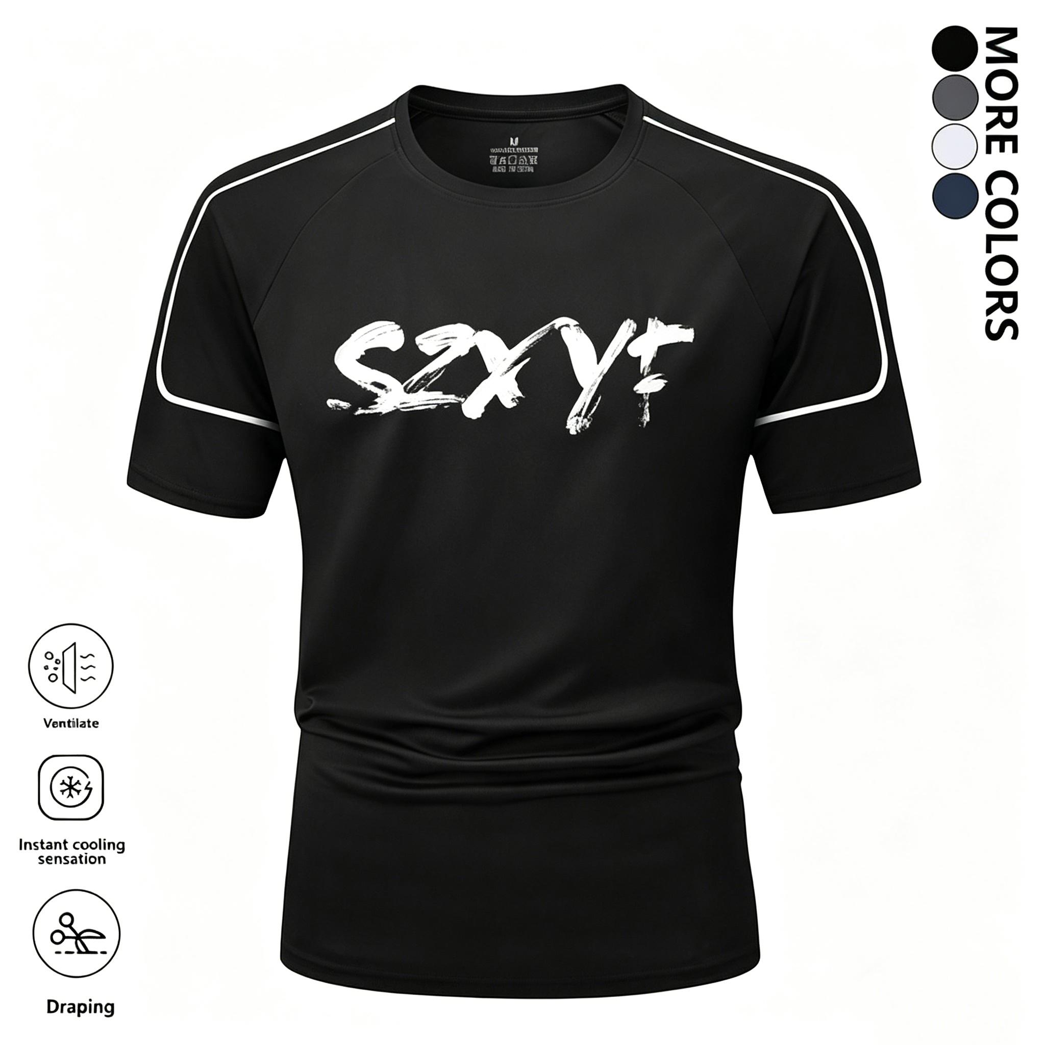 Multi-pack men’s solid-color crew-neck compression athletic T-shirts; quick-drying, breathable short-sleeve T-shirts suitable for running and fitness training; casual sports tops ideal for all seasons; sportswear featuring letter print design; loose, brea