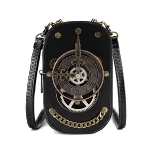 Women's Retro Cyberpunk Industrial PU Leather Crossbody Shoulder Bag - Heavy Metal Gear, Chain Accents, Detachable Chain Strap - Niche Designer EDC Phone Purse