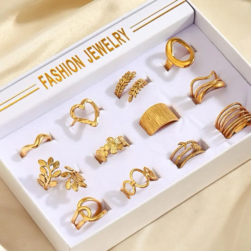 Non tarnish rings - Fashion Jewelry Set with 12 Unique Designs for Women's Everyday Wear Trendy Ion plating(IP)18k gold plated 304 Stainless Steel cute retro simple Ring Set Adjustable Lightweight