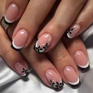 Elegant Simple Flowers Press - On Nails | CurvLife Nail | 24pcs Medium Square Fake Nails | Glossy Finish with Delicate Petals & French Tips | Easy to Apply, Comfortable & Long - lasting | Ideal for Office , Tea Parties, Weddings & Graceful Gatherings