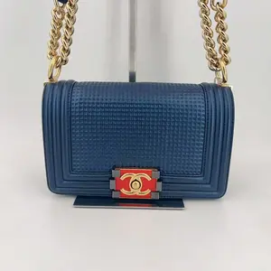 Pre-owned CHANEL leather Crossbody Bags Navy Blue Limited Edition Boy Flap Large New Cube Shoulder Bag