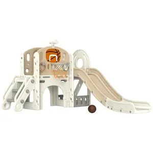 Qaba 7-in-1 Toddler Slide Playset, Indoor Kids Slide for Ages 1-6 Years w/ Ring Toss, Basketball Hoop, Telescope Climber, Storage Space