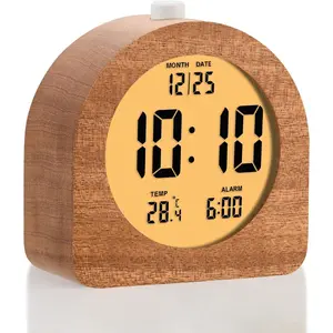 Wooden Digital  Clock for Bedrooms,  4''    Clock with Snooze and Nightlight,  LCD Desk Clock Display Time, Date, Temp, 12/24H,  Decor, Round, Sapele