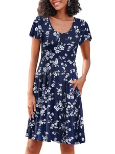 Women's Casual Floral Summer Dress with Ruffle Sleeves Crewneck Flowy Swing Mini Dress with Pockets Bohemian Style Shortsleeve Womenswear