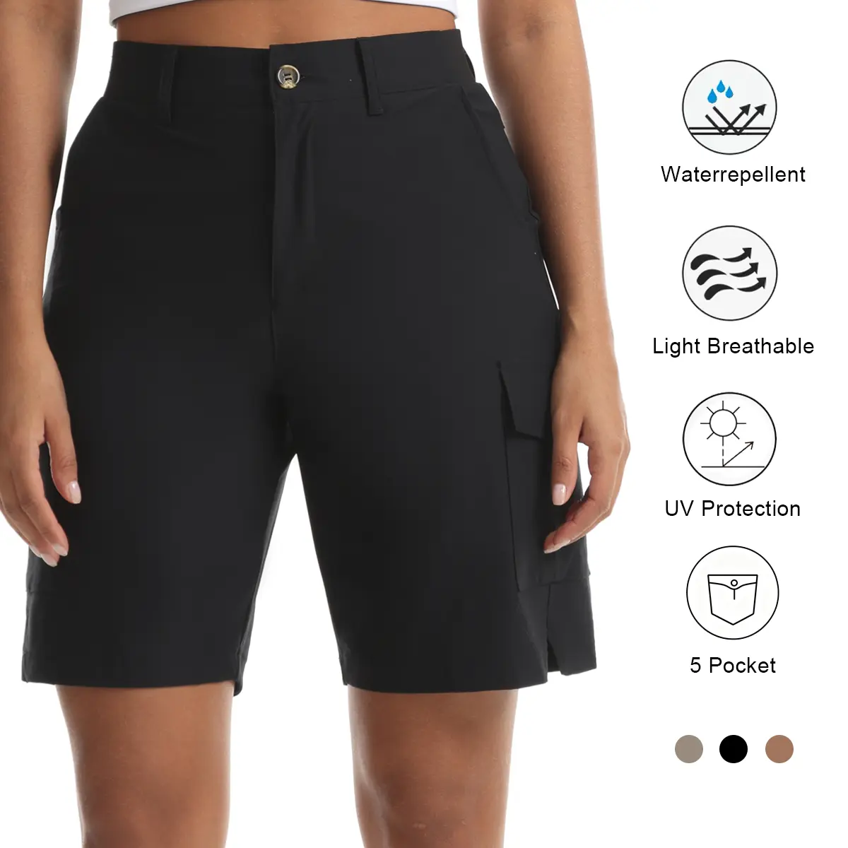 Women's High-Rise 8" Bermuda Cargo Shorts 2551 - Flattering Straight Leg,  Womenswear for School, Lightweight, Quick Dry, Water Resistant with 5 Pockets for Hiking, Camping, Casual Wear
