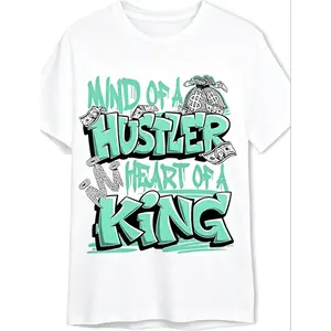 Plus-Size Men's Clothing MIND OF A HUSTLER HEART OF A KING Black T-Shirt - Bold Green Graffiti Style Print, Urban Streetwear Design with Dollar Bill and Money Bag Illustrations - Trendy Casual Tee for Hustlers and Kings