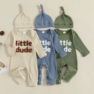 0-18M ittle Dude Baby Boy Ribbed Romper Casual Letter Embroidery Long Sleeve Jumpsuit and Hat for Infant Toddler Fall L Outfit