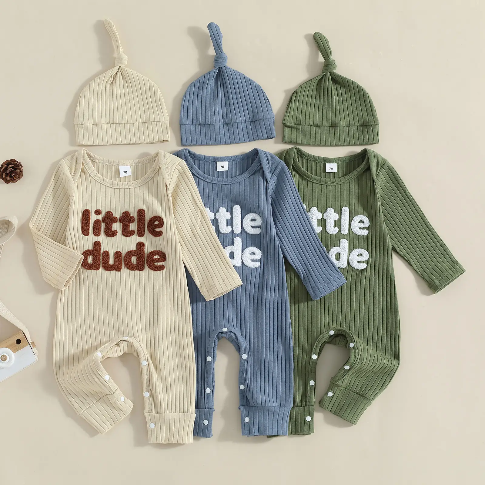 0-18M ittle Dude Baby Boy Ribbed Romper Casual Letter Embroidery Long Sleeve Jumpsuit and Hat for Infant Toddler Fall L Outfit
