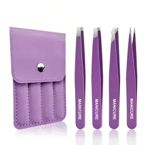 4Pcs Stainless Steel Eyebrow Tweezers Makeup Tool Belt Bag, Portable Hair Removal Tweezers Compact Suitable for Travel Makeup Eyebrow Pull Beard Tool