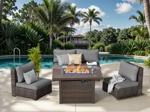 Grezone 5 Piece Patio Furniture Set with Fire Pit Table,Rattan Sectional Outdoor Chairs with No-Slip Cushions and Waterproof Covers for Lawn,Poolside,Backyard Sofa