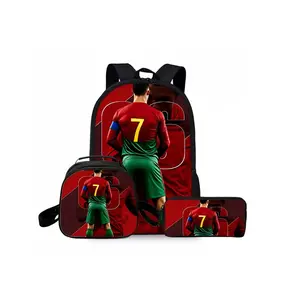 Football star red and green printed backpack three-piece set, including lunch bag, pencil case, and backpack, Backpack for School
