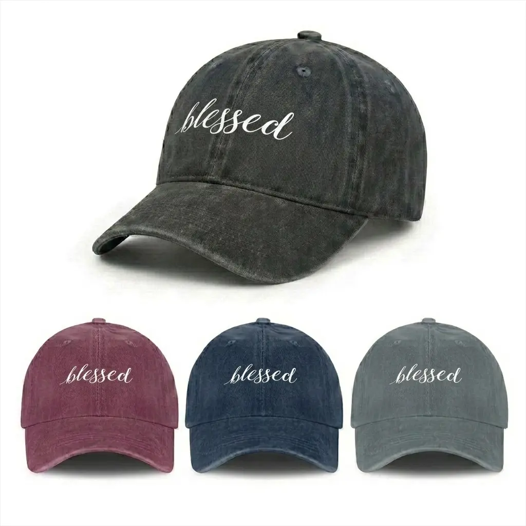 Blessed Dad Hat - Christian Graphic, Faith-Based Graphic, Multi Size Vintage Washed Cotton Printed Baseball Cap with Elegant Cursive "Blessed" Design, Distressed Black Adjustable Hat, Christian Graphic Hats, Faith-Based Graphic Hats