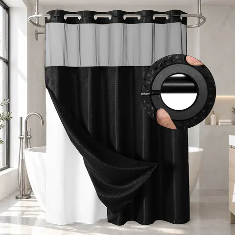 No Hook Waffle Weave Waterproof Shower Curtains for Bathroom, Double-Layer Shower Curtain with Removable Snap-In Liner, Airy Bright Transparent Mesh Top Window, Luxury Bathroom Decor, Modern Washable Home Supply, 72x75in