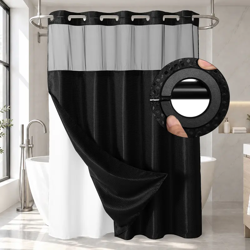 No Hook Waffle Weave Waterproof Shower Curtains for Bathroom, Double-Layer Shower Curtain with Removable Snap-In Liner, Airy Bright Transparent Mesh Top Window, Luxury Bathroom Decor, Modern Washable Home Supply, 72x75in