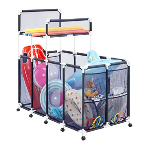 VEVOR Pool Storage Bin, 64.96 x 33.46 x 64.96 in, Rolling Pool Float Storage Organizer with Side Pockets & Noodles Holder Rack, Durable Plastic Frame, Poolside Toys Mesh Basket for Swimming Pools