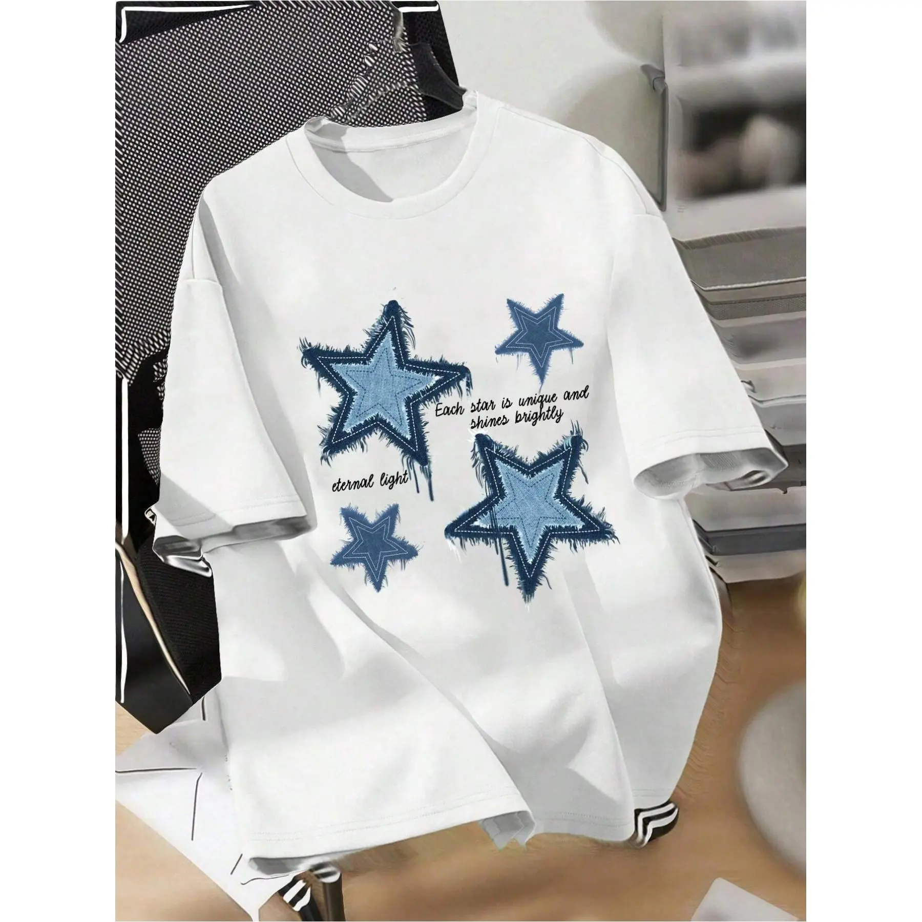 Men's XINGX Star Pattern Fashion Tee - 100% Cotton, Casual Crew Neck Short Sleeve T-Shirt with Blue Denim Print, Ideal for All Seasons, Allseason Apparel | Creative Print Shirt | Cotton Tshirt