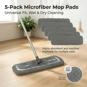5-Pack Ultra-Fine Microfiber Mop Replacement Pads, Universal Fit Washable Refills, Highly Absorbent for Wet & Dry Cleaning on Hardwood, Tile and Laminate Floors
