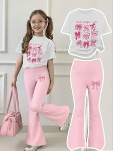 Girls' 4-12 Years Bow Sweet Cool Bell Bottoms Set, Round Neck Short Sleeve & Bell Pants, Casual Style