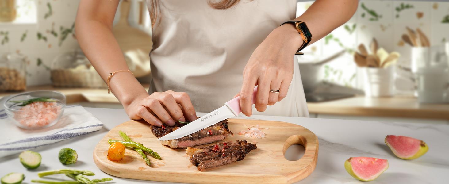 Astercook 14-Piece Professional Kitchen Knife Set – High Carbon Stainless Steel Chef, Bread, Santoku & Steak Knives with Hardwood Block, Ideal Valentine’s Day Gift Pink Wooden