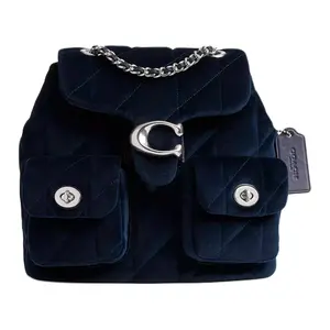 COACH Tabby 23 Velvet Backpack for Women with Silver Logo Turn-Lock Closure – Medium Blue