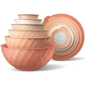 Mixing Bowls with Lids - 12 Piece Plastic Nesting Bowls Set includes 6 Prep Bowls and 6 Lids, Microwave Safe Mixing Bowl Set, Orange Diamond