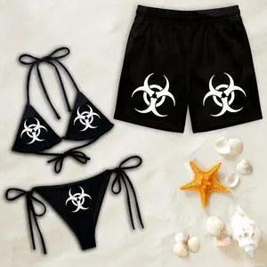 Couple Matching Biohazard Swimwear Set, Black Gothic Apocalypse Bikini and Board Shorts, Y2K Edgy Style, Cool Anniversary Gift Matching Couple Swimwear Set