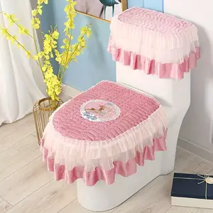 3pcs European Lace Toilet Seat Cover Set with Zipper, Non-Electric, Comfortable and Warm, Light Beige-Friendly, Suitable for Standard Toilets, Easy Cleaning, Reusable and Washable Bathroom Accessories, Easter Gift Choice Home Goods Pastel [Red]