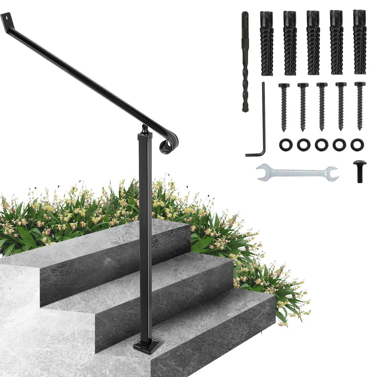 【Summerfinds】VEVOR Handrails for Outdoor Steps 2-3 Step Railings Wrought Iron Handrail Stair Railings for Steps Black Iron Railings for Steps Wall and Floor Mounted with Installation Kit