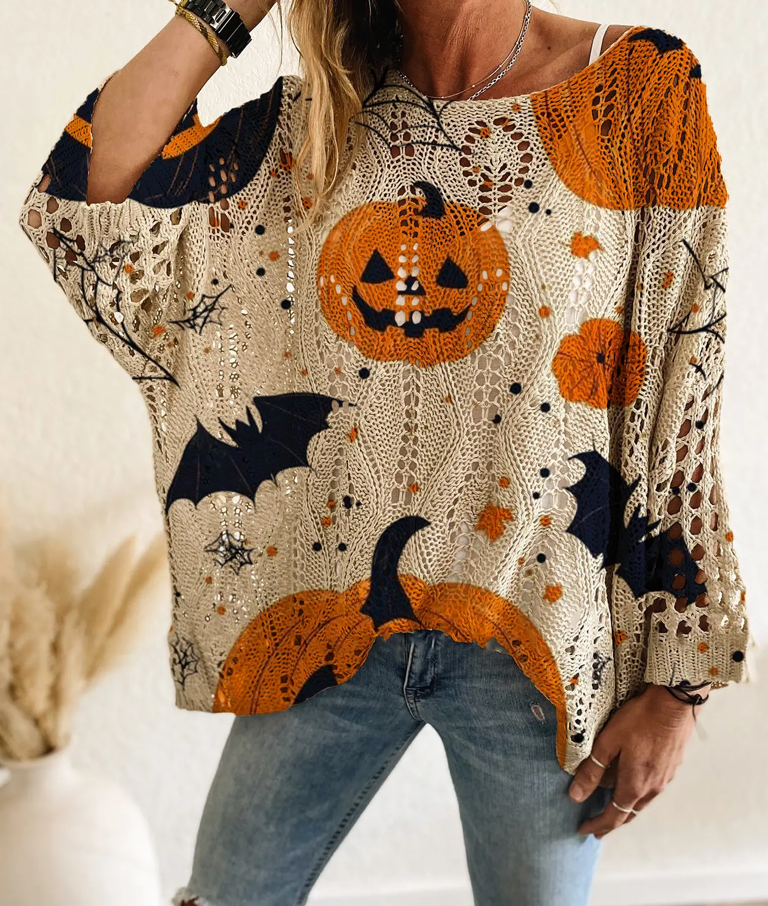 Women's Halloween Sweater, Pumpkin & Bat Print Open Knit Long Sleeve Top, Boat Neck Loose Fit Pullover with Diamond Openwork, Spiderweb Pattern Casual Fall Outfit for Pumpkin Patch Visits, Halloween Parties & Everyday Layering, Beige and Orange