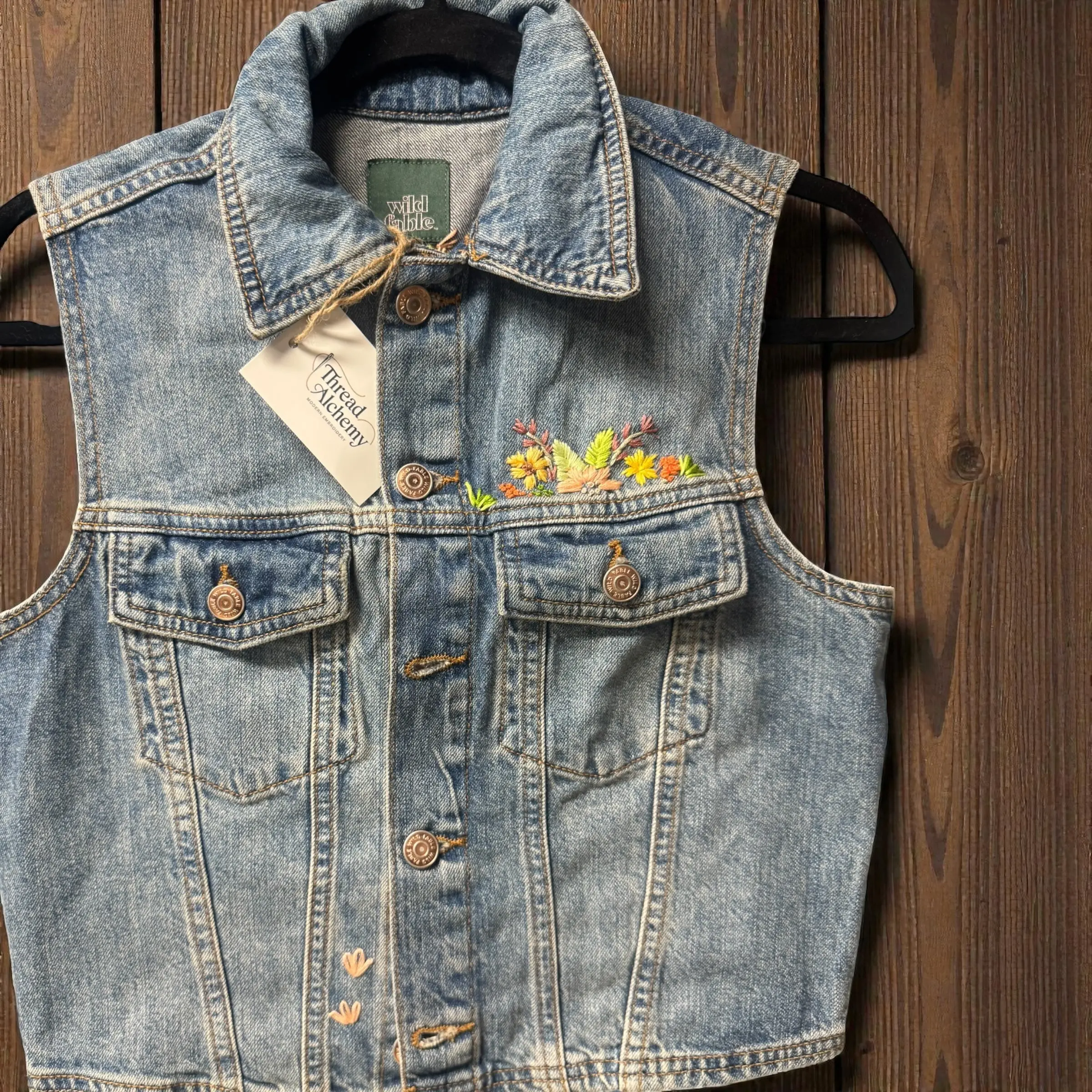 Wild Fable Denim Vest – Hand-Embroidered Floral Front & Vine Back | Women’s Small | Upcycled One-of-a-Kind Vest