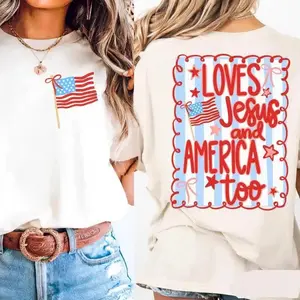 Women's 4th of July Patriotic Short-Sleeve Round Neck Tee - Loves Jesus & America, Coquette Bow, Flag USA Preppy, Red White Blue, Combed Heavyweight Smooth Fabric, Essential Casual Top