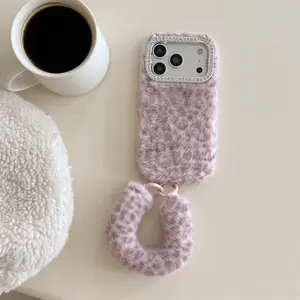 Luxury Diamond Frame Warm Fluffy Plush Leopard Phone Case for iPhone 17 13 14 15 plus 16 Pro Max 17 Air Cover Cute Protective Ca