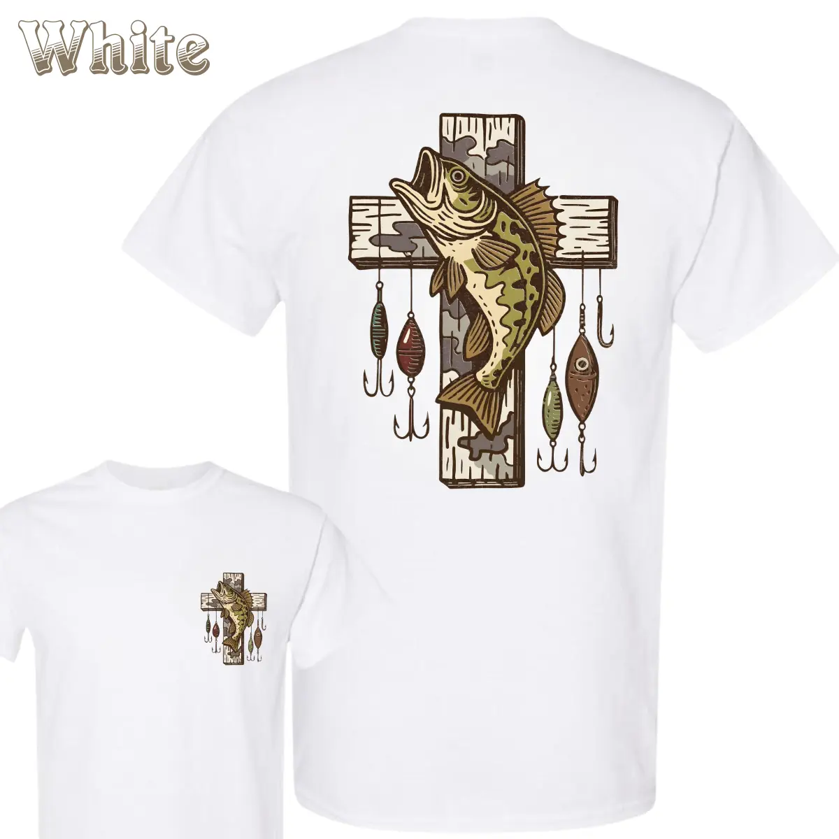 Fishing Cross Bass T-Shirt - Graphic Of Bass Fish On Rustic Cross With Hanging Lures , Great For Christian Fishermen , Lightweight And Soft Tee , Perfect For Summer , Faith Based Gift Idea Classic