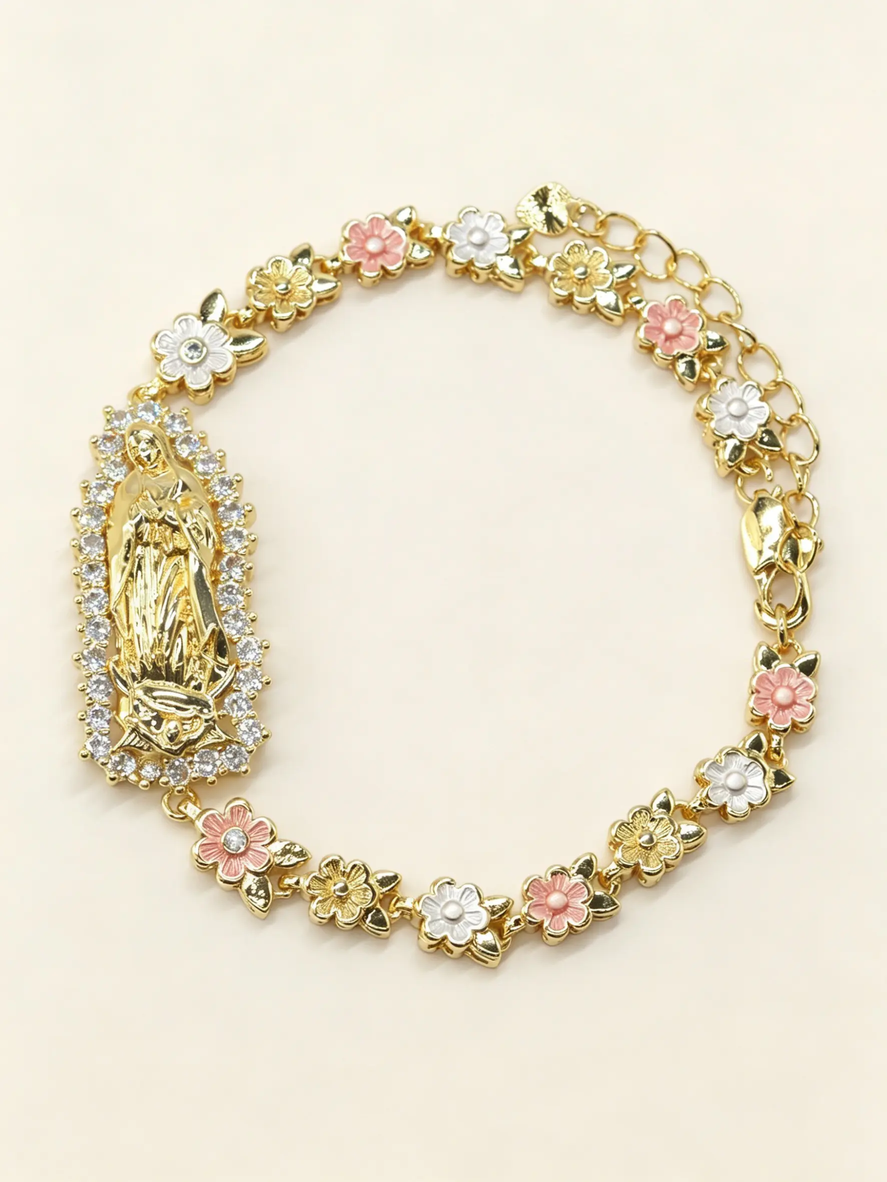 Elegant Mexican Guadalupe Mary Religious Vintage Bracelet, Floral Chain Design, Unisex Jewelry, Birthday Party, Halloween, Easter, Church Prayer, Floral Charm Bracelets, Flower Design Bracelet, Exquisite Bracelet